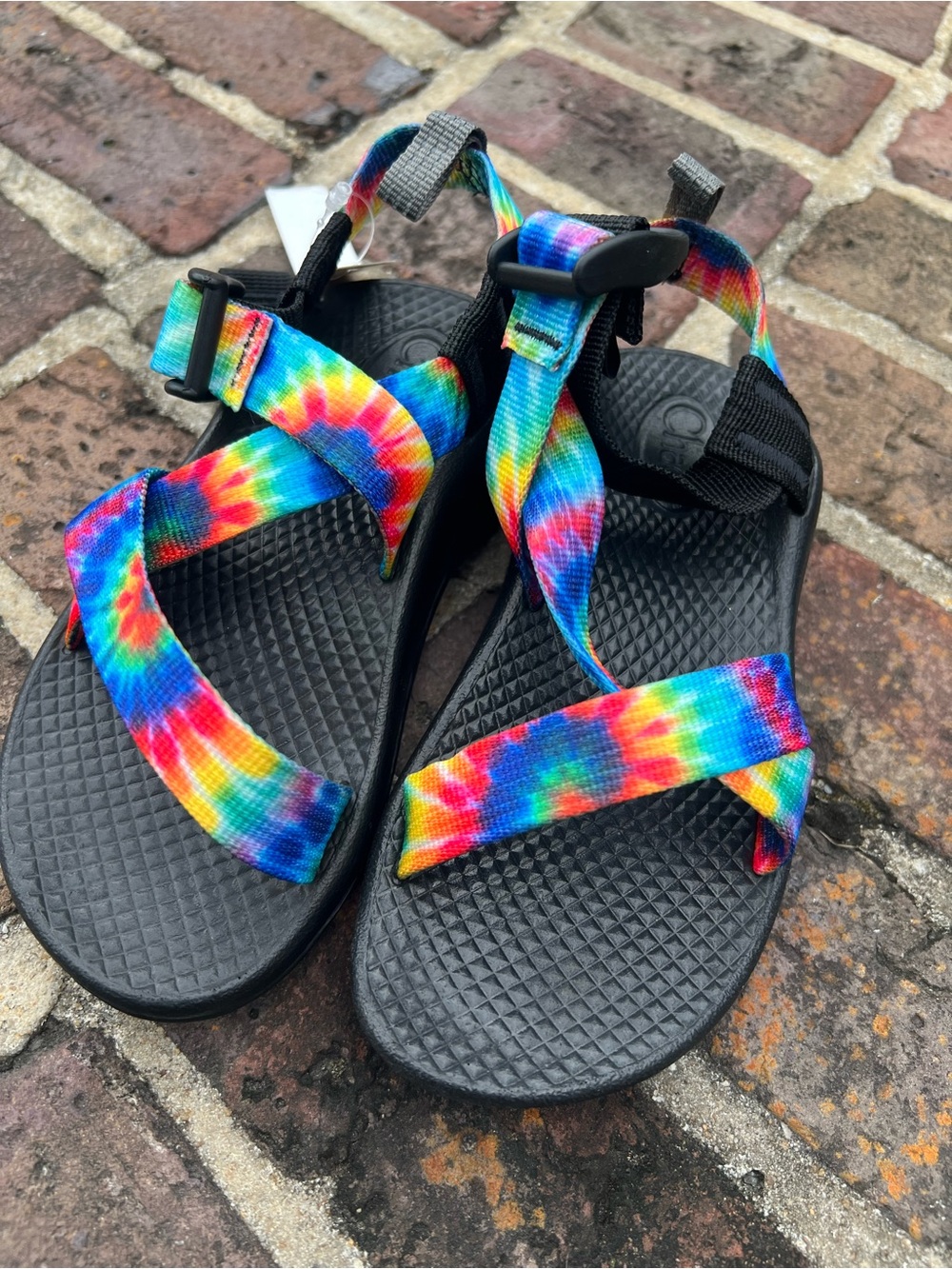 Chaco Kids Black Sandals with Rainbow Tie-Dye Straps